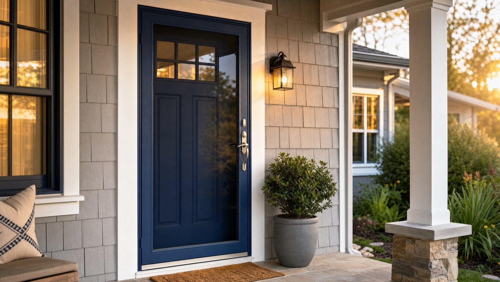 Premium navy entry door with brushed hardware